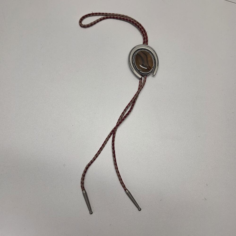 Vintage Western Banded Tigers Eye Agate Silver Tone Leather Western Bolo Tie
